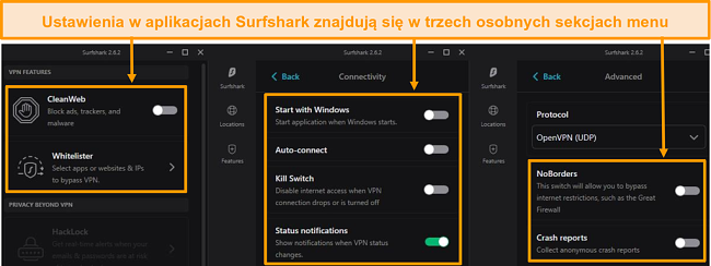 Zrzut ekranu menu pulpitu Surfshark.