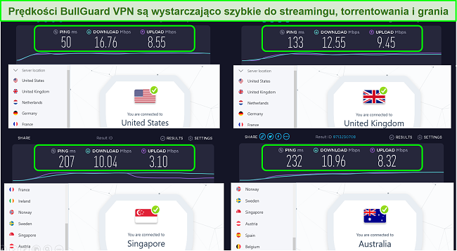 Zrzut ekranu przedstawiający lokalizacje serwerów w USA, Wielkiej Brytanii, Singapurze i Australii oraz ich prędkości.