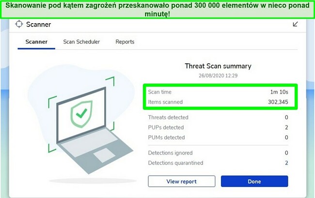 Zrzut ekranu przedstawiający wyniki skanowania zagrożeń Malwarebytes