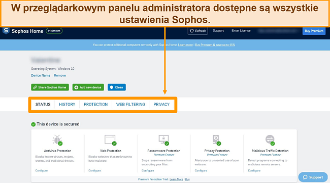 Zrzut ekranu internetowego pulpitu nawigacyjnego Sophos