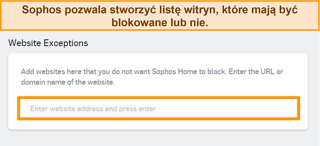 Zrzut ekranu programu antywirusowego Sophos i jego wyjątków dotyczących witryn internetowych na pulpicie nawigacyjnym