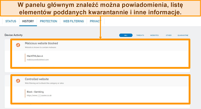 Zrzut ekranu programu antywirusowego Sophos i jego dziennika alertów na pulpicie nawigacyjnym aplikacji