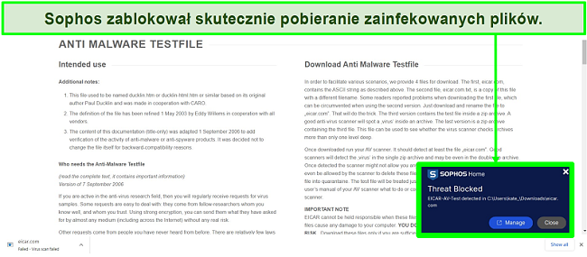 Zrzut ekranu strony internetowej, o której wiadomo, że pobiera szkodliwe pliki, i Sophos, który blokuje zainfekowane pliki.