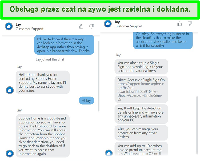 Zrzut ekranu czatu na żywo Sophos z odpowiedziami na pytania.