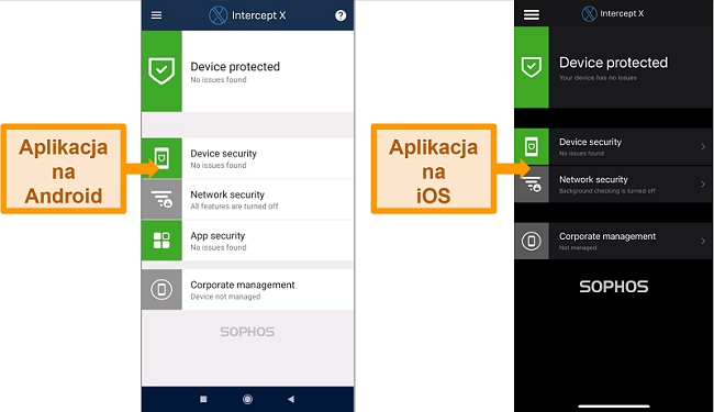 Zrzuty ekranu pokazujące różnicę między interfejsami Sophos na Androida i iOS.