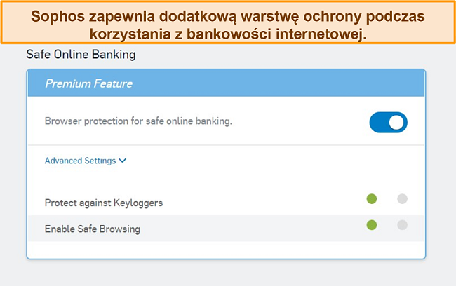 Zrzut ekranu aktywowanej funkcji Bezpiecznej bankowości internetowej Sophos.