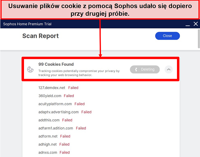 Zrzut ekranu przedstawiający Sophos po uruchomieniu skanowania i niepowodzeniu usunięcia wielu plików cookie.
