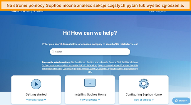 Zrzut ekranu strony pomocy technicznej Sophos.