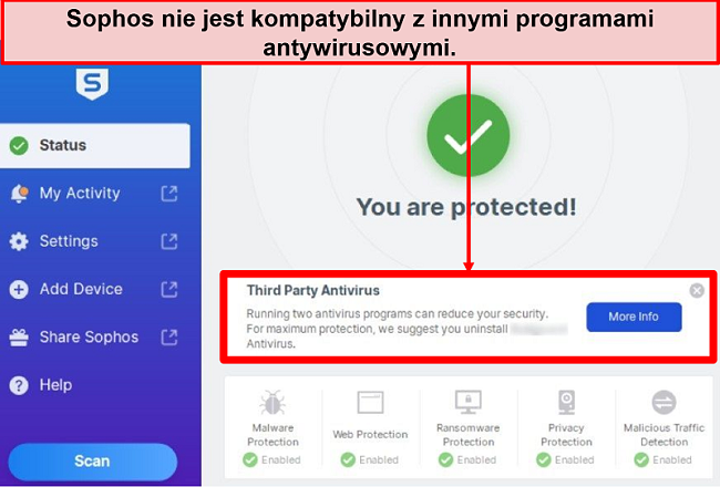 Zrzut ekranu aplikacji komputerowej Sophos z wyróżnioną informacją o oprogramowaniu Third Party Antivirus
