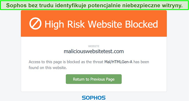 Zrzut ekranu przedstawiający Sophos blokującą witrynę hostującą złośliwe oprogramowanie.