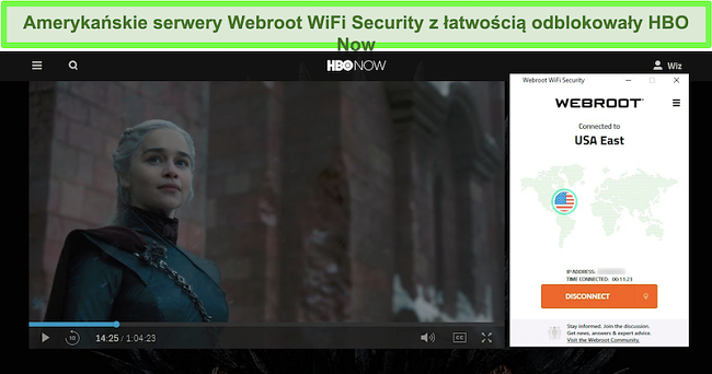 Zrzut ekranu przedstawiający HBO grające teraz w Grę o tron podczas połączenia z serwerem w USA