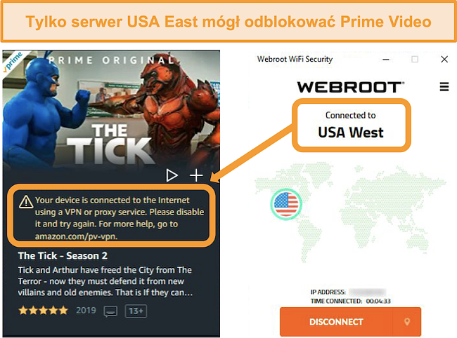 Zrzut ekranu przedstawiający błąd serwera proxy Amazon Prime Video podczas połączenia z serwerem USA West Webroot WiFi Security