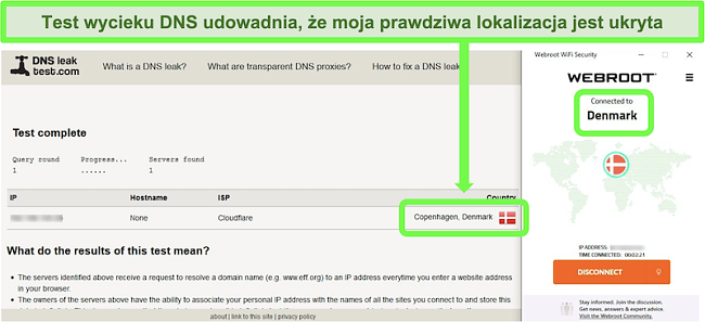 Zrzut ekranu z udanego testu wycieku DNS, gdy Webroot WiFi Security jest połączony z serwerem w Danii