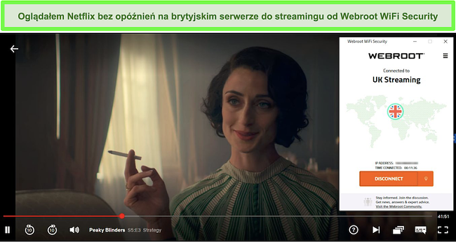 Zrzut ekranu przedstawiający przesyłanie strumieniowe Peaky Blinders z serwisu Netflix podczas połączenia z serwerem strumieniowym Webroot WiFi Security w Wielkiej Brytanii