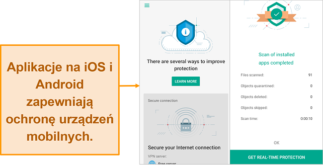 Zrzut ekranu Kaspersky Security Cloud na iOS w porównaniu z wersją Androida