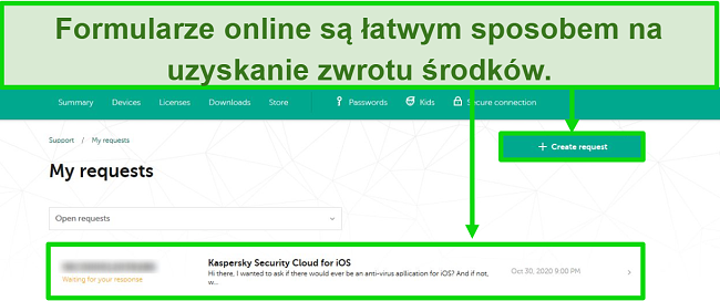 Zrzut ekranu zgłoszeń serwisowych Kaspersky na stronie internetowej Kaspersky.