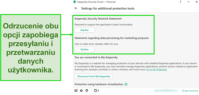 Zrzut ekranu przedstawiający opcje Kaspersky Desktop do dezaktywacji gromadzenia danych osobowych.