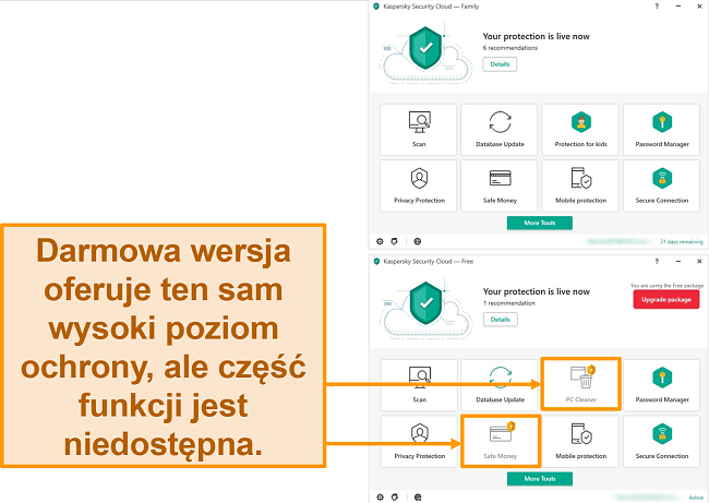 Zrzut ekranu pulpitu Kaspersky Security Cloud Free pokazujący zablokowane funkcje w porównaniu z wersją premium.