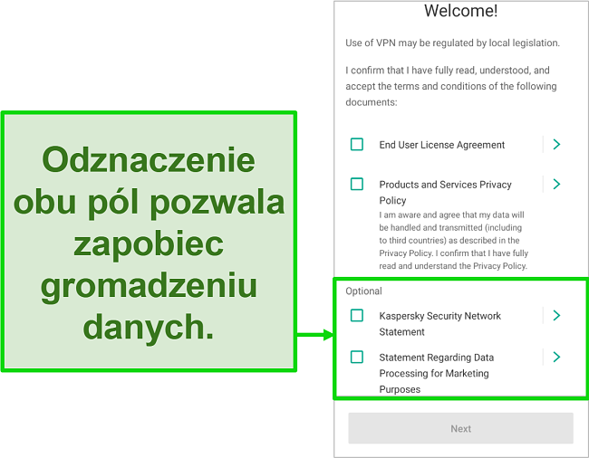 Zrzut ekranu aplikacji mobilnej Kaspersky Antivirus pokazujący ekran rezygnacji z gromadzenia danych w menu powitalnym.