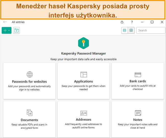 Zrzut ekranu aplikacji Kaspersky Password Manager z możliwością dodania haseł, kart bankowych, adresów i dokumentów.