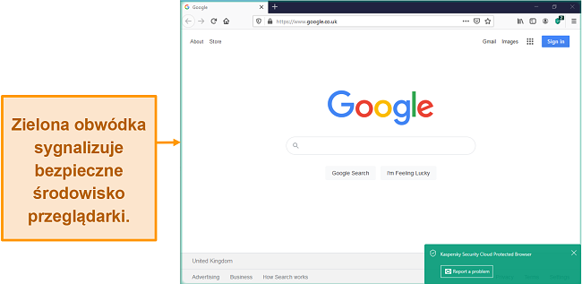 Zrzut ekranu Kaspersky Security Cloud Protected Browser z bezpiecznym powiadomieniem.