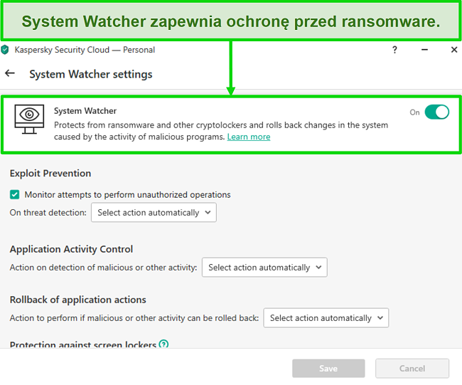 Zrzut ekranu ekranu ustawień Kaspersky System Watcher, który umożliwia dostosowanie ochrony przed oprogramowaniem ransomware.