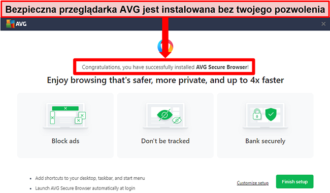 Zrzut ekranu ekranu głównego przeglądarki AVG Secure Browser.