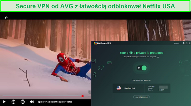 Zrzut ekranu przedstawiający AVG SecureVPN odblokowujący amerykański serwis Netflix