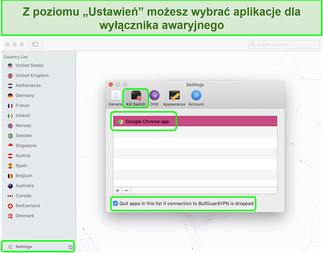 Zrzut ekranu menu ustawień BullGuard VPN, włączającego Kill Switch dla Google Chrome