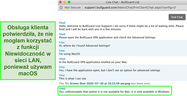 Zrzut ekranu obsługi klienta BullGuard VPN potwierdzający niewidzialność w sieci LAN jest dostępny tylko w systemie Windows