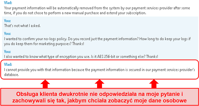 Zrzut ekranu przedstawiający wsparcie BullGuard, które nie odpowiada na moje pytanie dotyczące informacji o płatności, a następnie udziela mi złej odpowiedzi