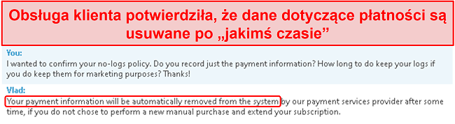 Zrzut ekranu przedstawiający czat obsługi klienta wyjaśniający, że przechowują informacje o płatnościach i usuwają je po „pewnym czasie”