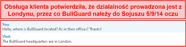 Zrzut ekranu przedstawiający czat obsługi klienta wyjaśniający, że ich podstawowa działalność znajduje się w Londynie