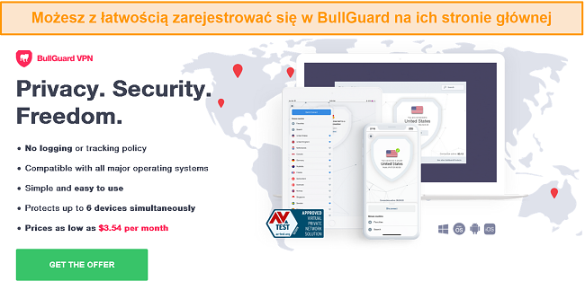 Zrzut ekranu strony głównej BullGuard, nawiązujący do łatwości konfiguracji