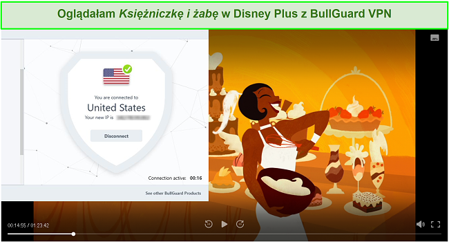 Zrzut ekranu przedstawiający Księżniczkę i żabę na Disney Plus z połączonym BullGuardem