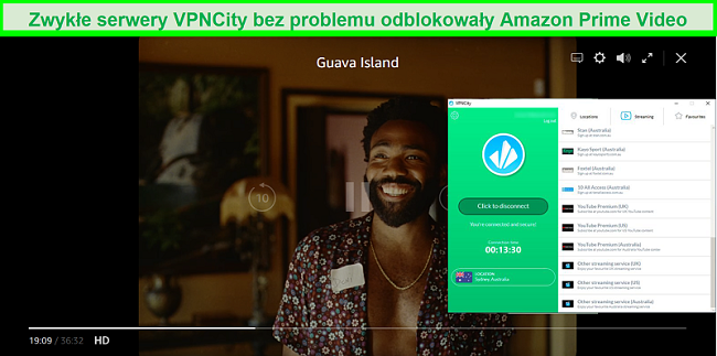 Zrzut ekranu przedstawiający Amazon Prime Video streaming Guava Island po zalogowaniu się na serwerze VPNCity w Australii
