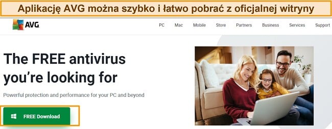 Zrzut ekranu strony głównej AVG z przyciskiem pobierania