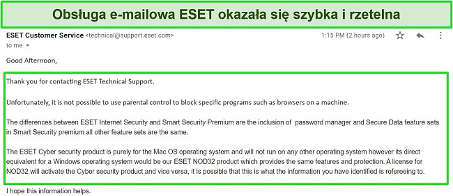 Zrzut ekranu z odpowiedzią e-mail pomocy technicznej firmy ESET