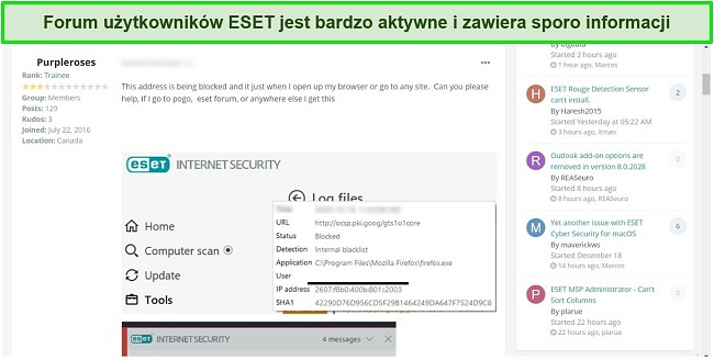 Zrzut ekranu forum społeczności ESET