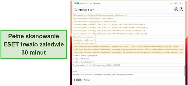 Zrzut ekranu pełnego skanowania systemu ESET