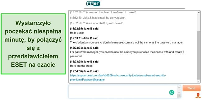 Zrzut ekranu czatu na żywo firmy ESET