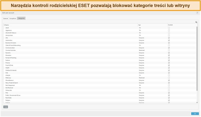 Zrzut ekranu kontroli rodzicielskiej firmy ESET