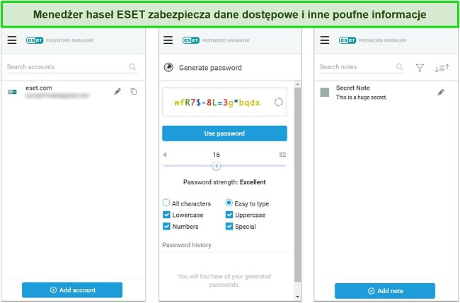 Zrzut ekranu menedżera haseł firmy ESET