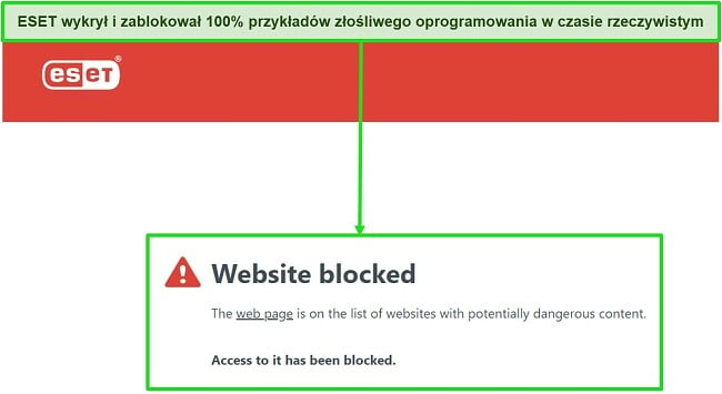 Zrzut ekranu programu antywirusowego ESET blokującego potencjalnie niebezpieczne strony internetowe