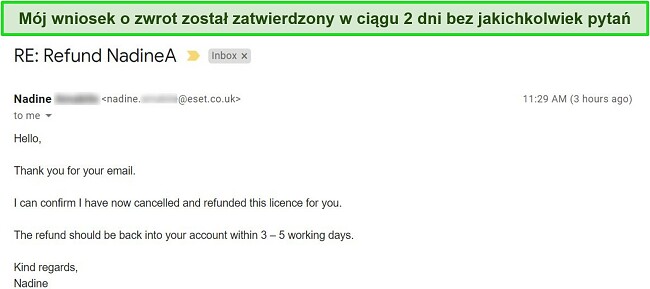 Zrzut ekranu wiadomości e-mail z potwierdzeniem zwrotu od pomocy technicznej firmy ESET