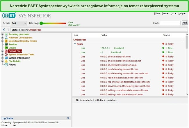 Zrzut ekranu programu SysInspector firmy ESET