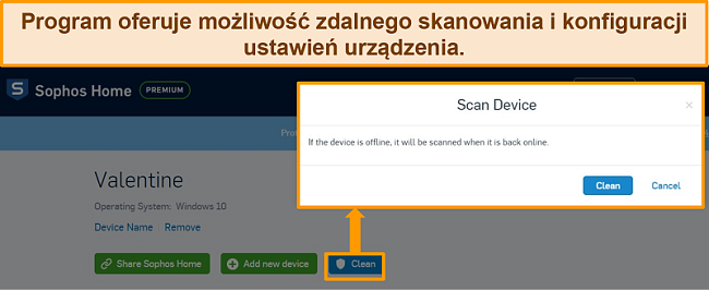 Zrzut ekranu pulpitu antywirusowego Sophos z podświetlonym zdalnym skanowaniem