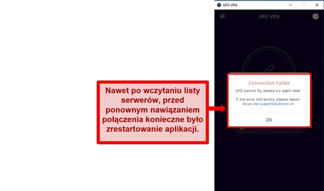 Zrzut ekranu błędu połączenia UFO VPN
