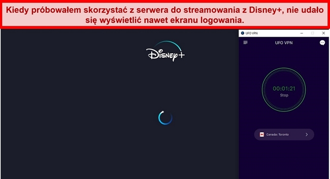 Zrzut ekranu przedstawiający Disney + próbujący załadować się, gdy UFO VPN jest połączone z serwerem w Kanadzie