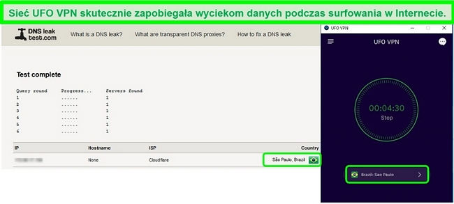 Zrzut ekranu z udanego testu wycieku DNS podczas połączenia z serwerem UFO VPN w Brazylii